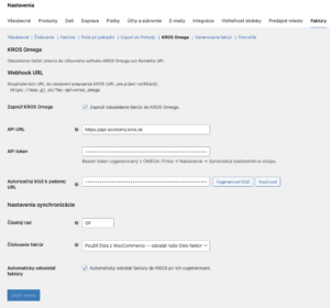 Nastavenia integrácie KROS Omega – API token, číselný rad, automatická synchronizácia