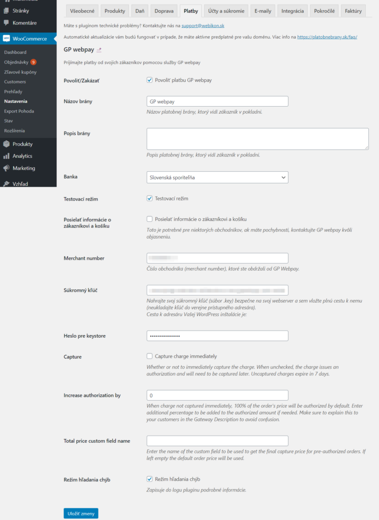 GP WebPay plugin - nastavenia