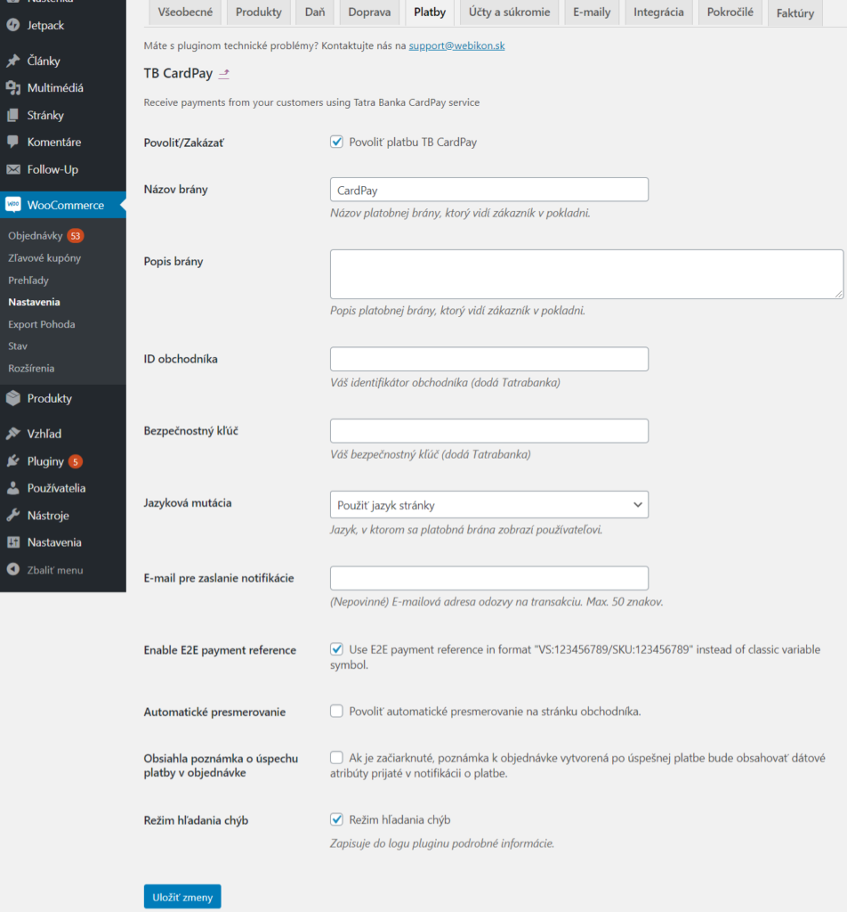Nastavenia pluginu CardPay v administrácii WordPress