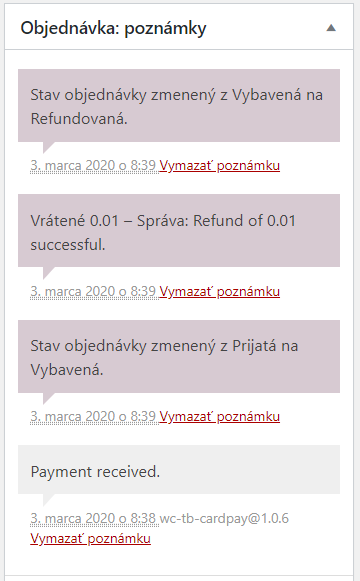 Detail objednávky s poznámkami refundácie