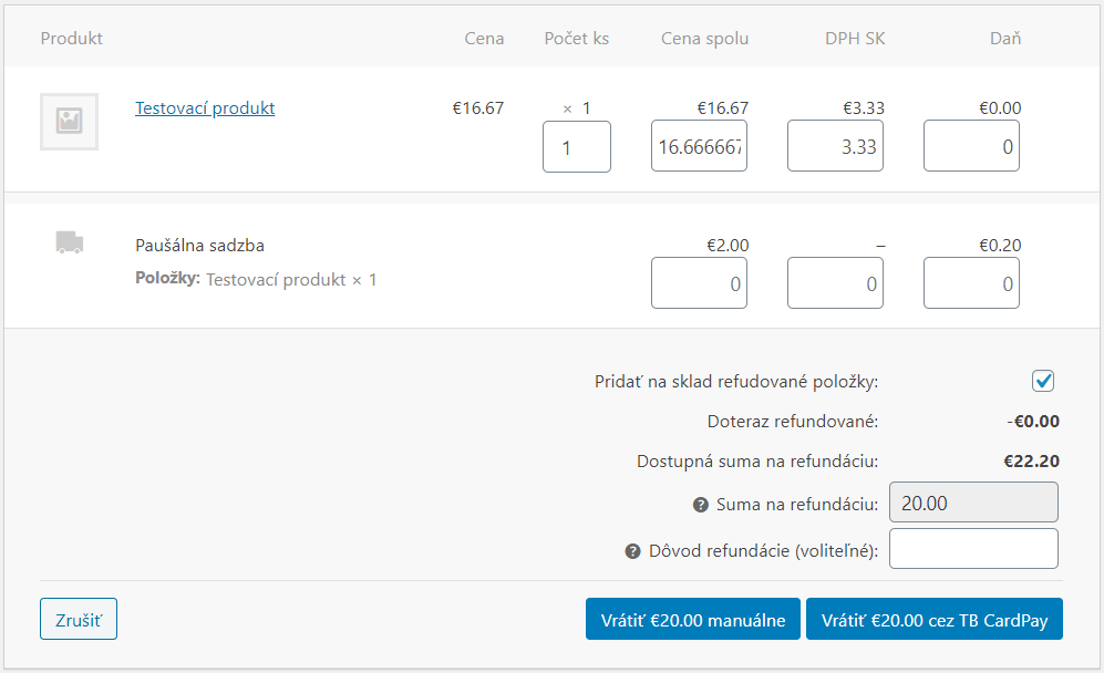 Spracovanie vrátenia platby cez plugin