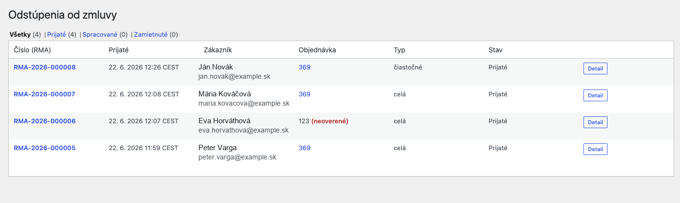 Evidencia odstúpení v administrácii WooCommerce